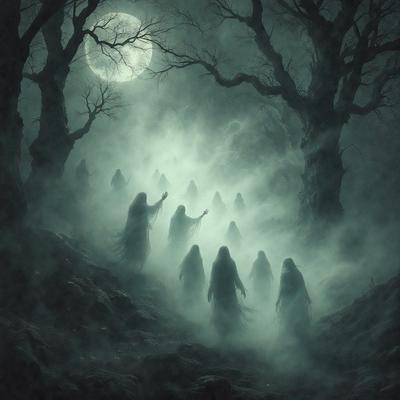 The primary subject of the image is a group of ghostly figures walking through a forest at night. The setting is a dark, foggy forest with a full moon in the background. The visual style is a digital art or illustration, creating a spooky and mysterious atmosphere. The dominant colors are shades of gray, black, and white, with the full moon adding a touch of brightness to the scene.